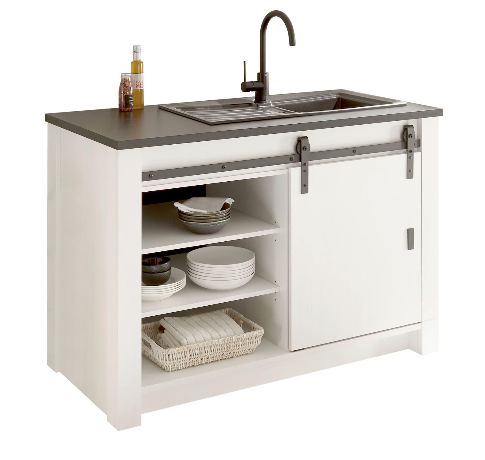 KÜCHENSCHRANK weiß Pinie, anthrazit Landhaus, Küche Unterschrank für Spüle oder Kochfeld - Anthrazit/Schwarz, Holzwerkstoff/Metall (133/93/64cm) - Furn.Design
