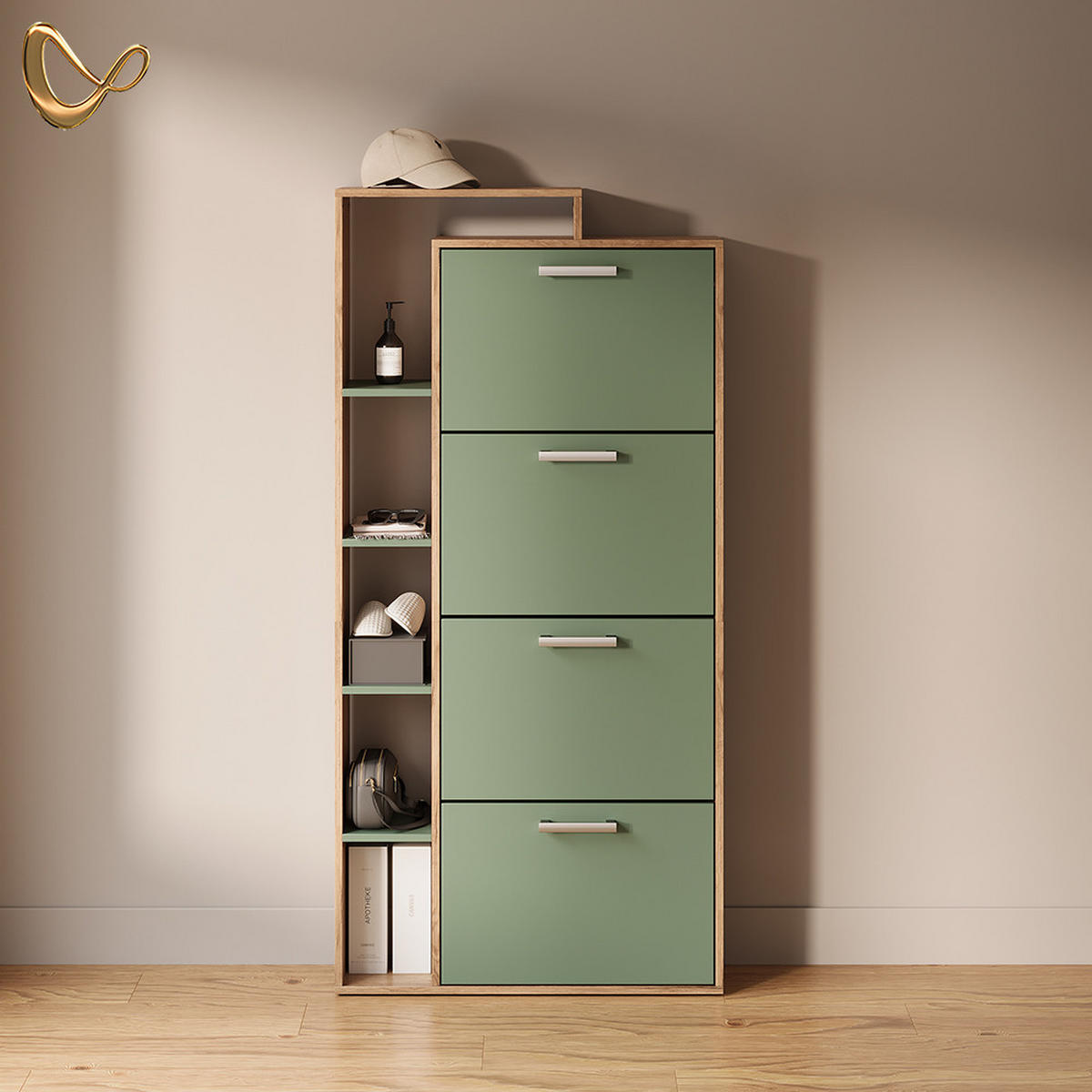 SCHUHKIPPER Ortello Goldkraft Eiche/Grün 80 x 166.1 cm mit 4 Fächern - Eichefarben/Grün, Holzwerkstoff (80/166.1/24.2cm) - Livinity®