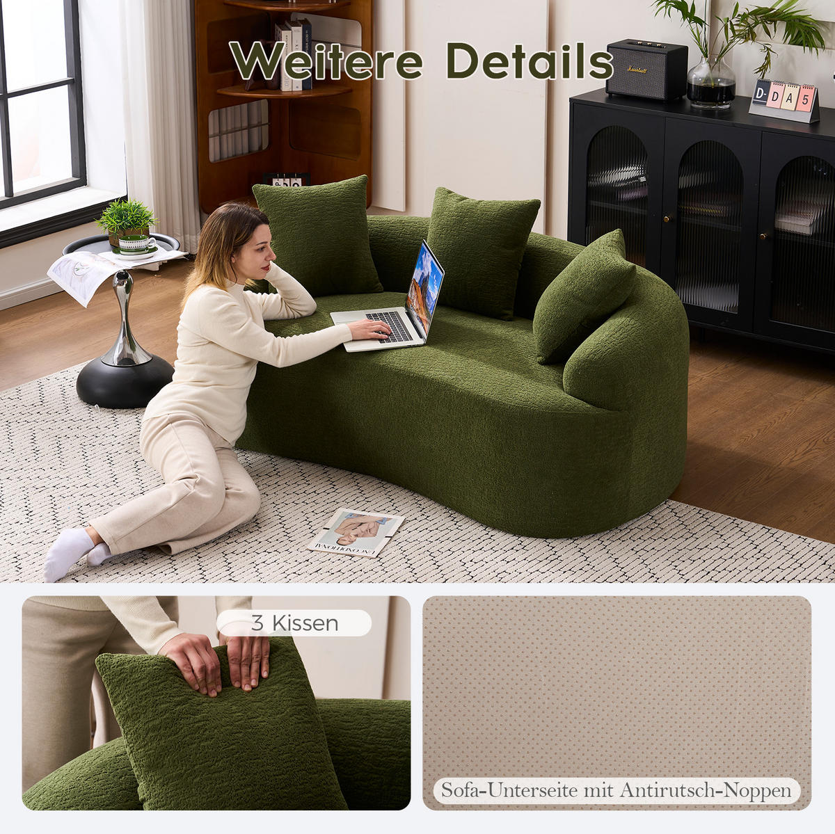 ZWEISITZER-SOFA mit tiefer Sitzfläche Chenille Grün - Grün, Kunststoff (153/63/94cm) - Meubliv