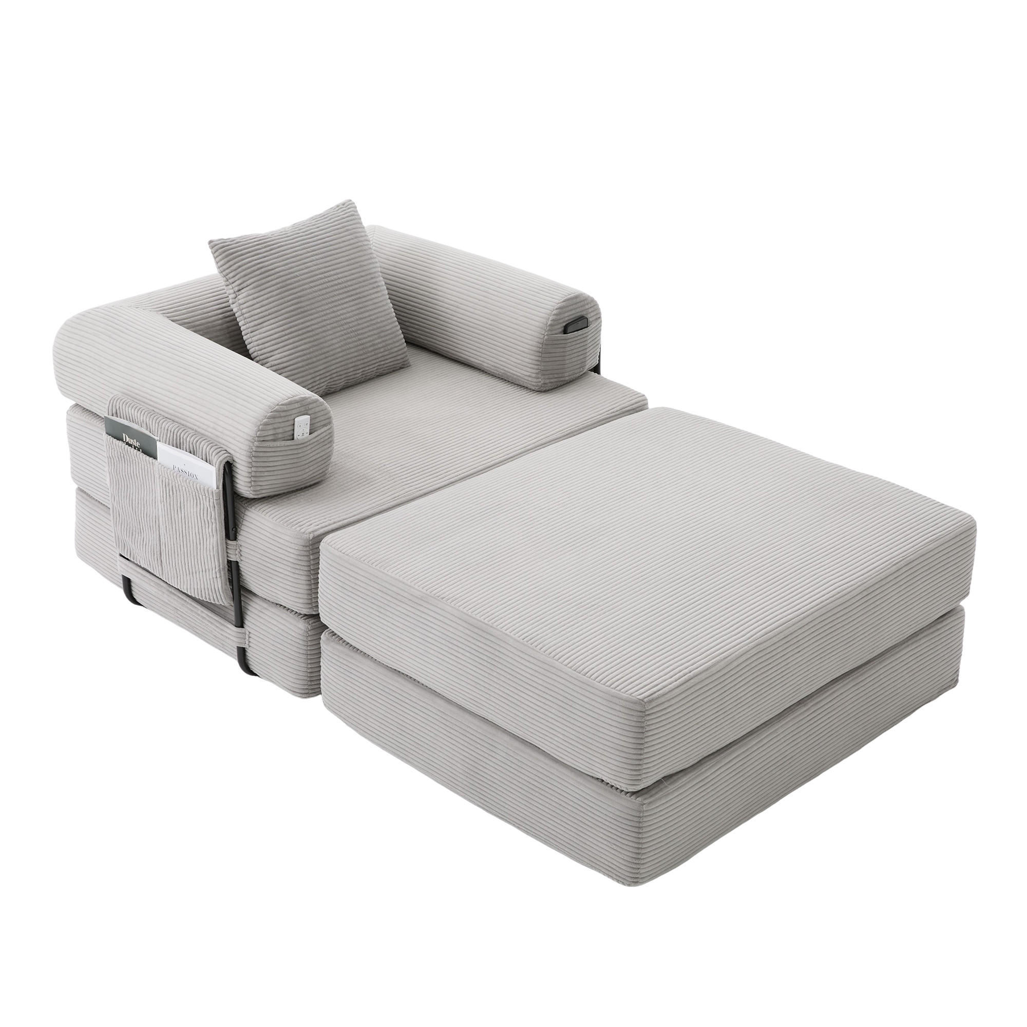 SOFA Cord Hellgrau mit Kissen und Hocker - Hellgrau, Textil/Metall (112/67/190cm) - WISHDOR