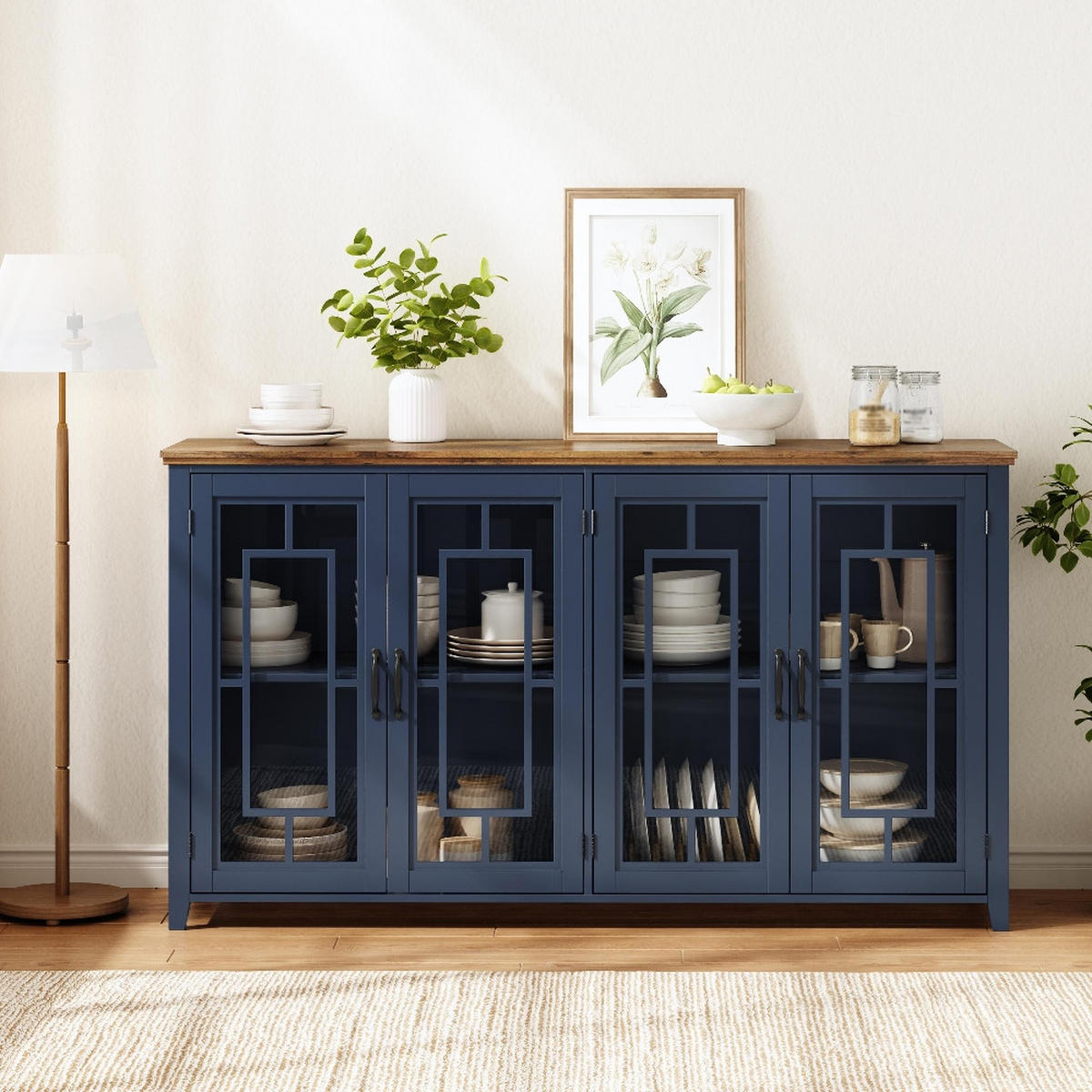 SIDEBOARD 160 CM Küchen-Sideboard GLASTÜREN Holzoptik Esszimmer Wohnzimmer 160/40/86 cm - Blau, Holzwerkstoff (40/86/160cm) - Rolipo