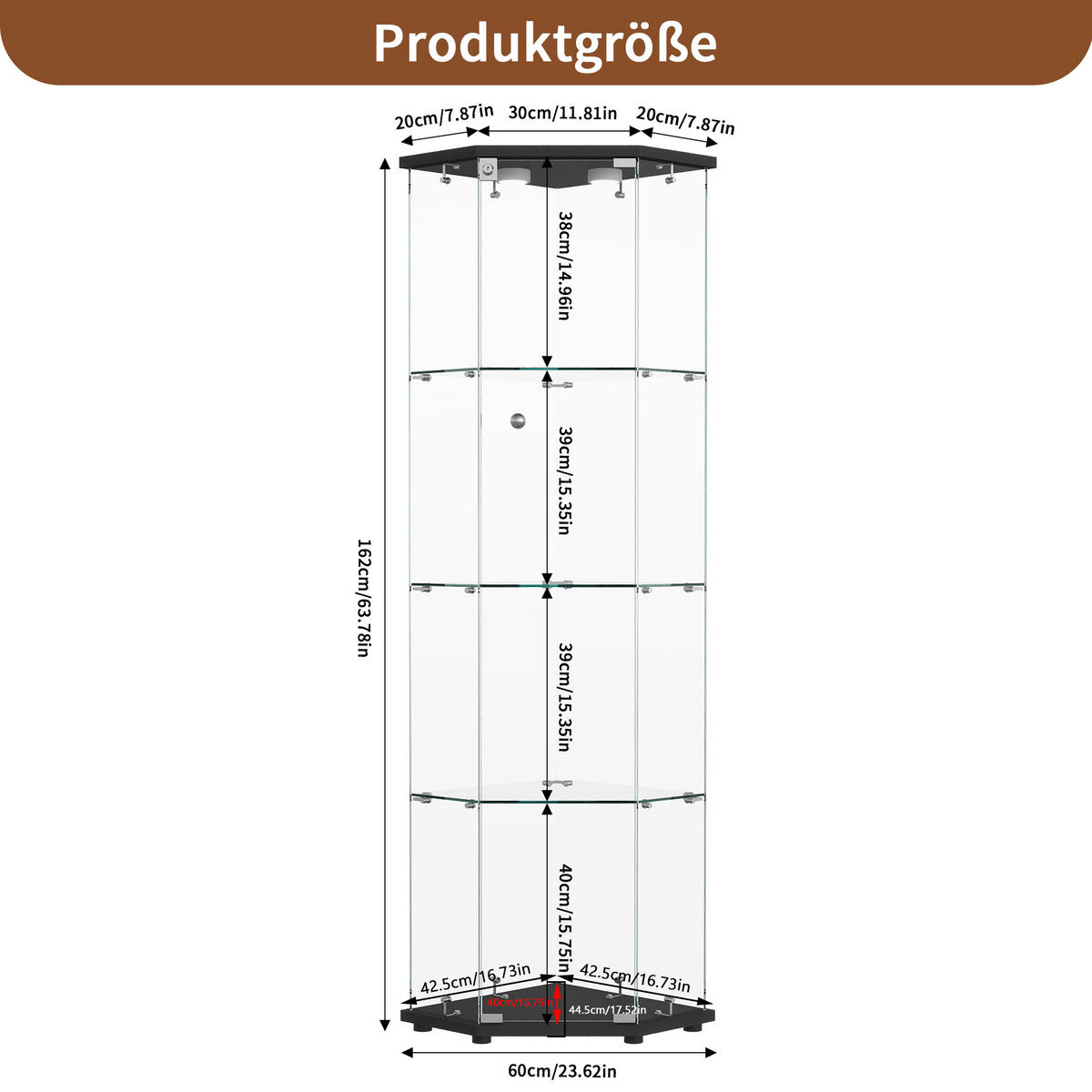 GLASVITRINE 162x60x45 cm freistehend 4 Ablagen LED schwarz - Schwarz, Holz (60/162/40cm) - LEBENLANG