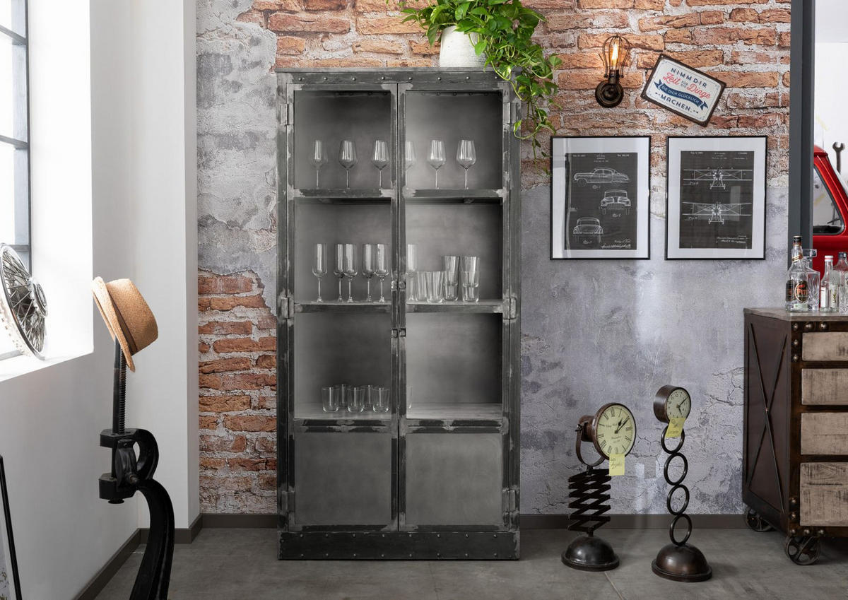 VITRINE Mango 92x40x185 grau lackiert HEAVY INDUSTRY #143 - Grau, Holz (92/185/40cm) - Massivmoebel24