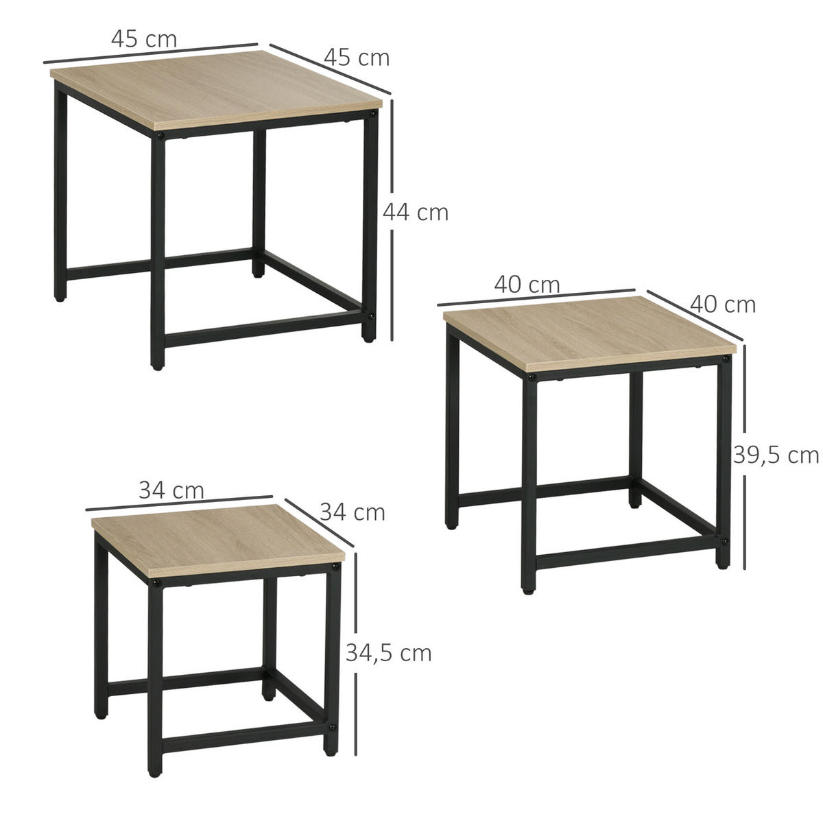 COUCHTISCH-SET eckig, Spanplatte, Naturholz - Naturfarben, Holzwerkstoff/Metall (45/45/44cm) - HOMCOM