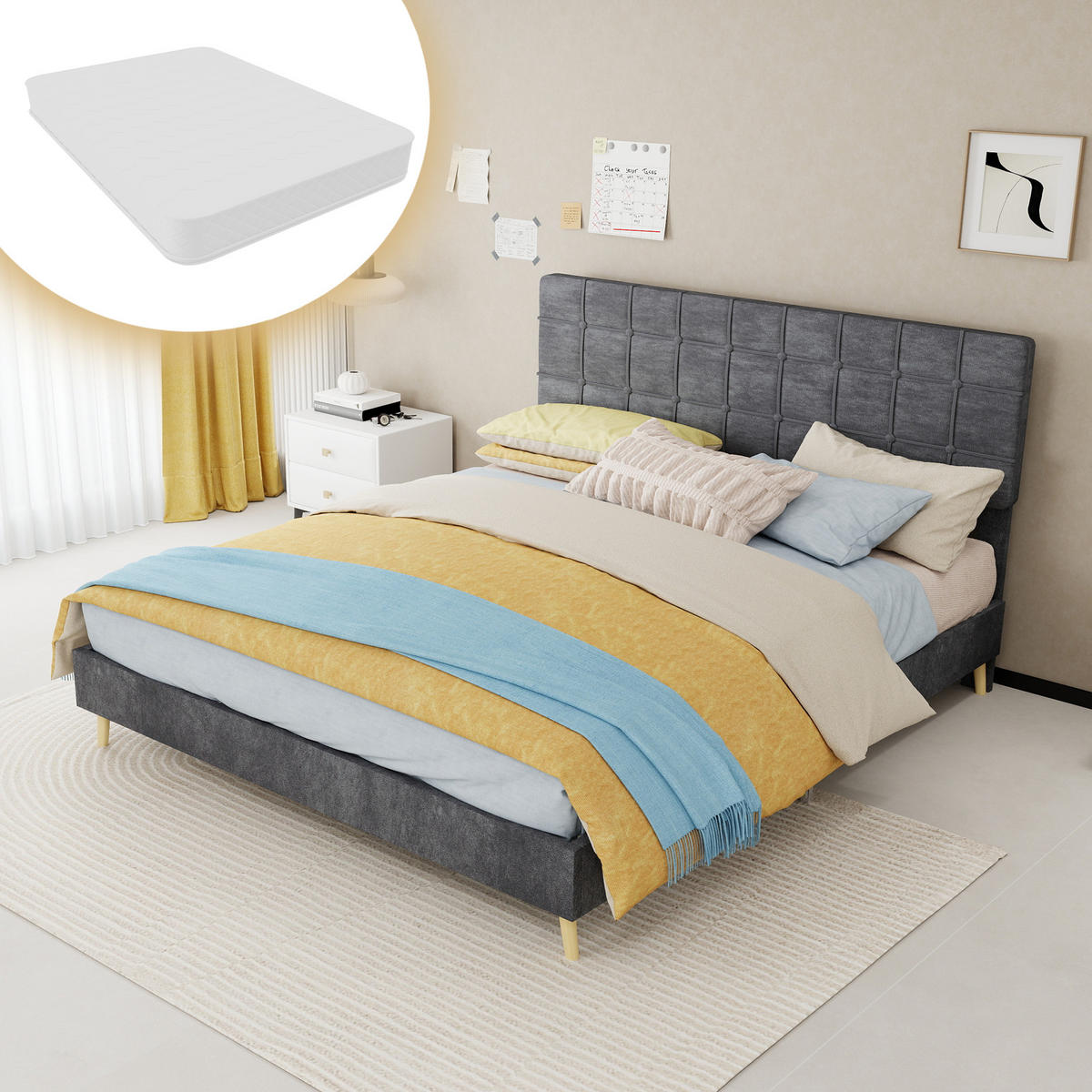 POLSTERBETT 160/200 cm DE-32955 mit Karosteppung-Kopfteil und Matratze Grau - Grau, Metall (160/200cm) - ComfortXL