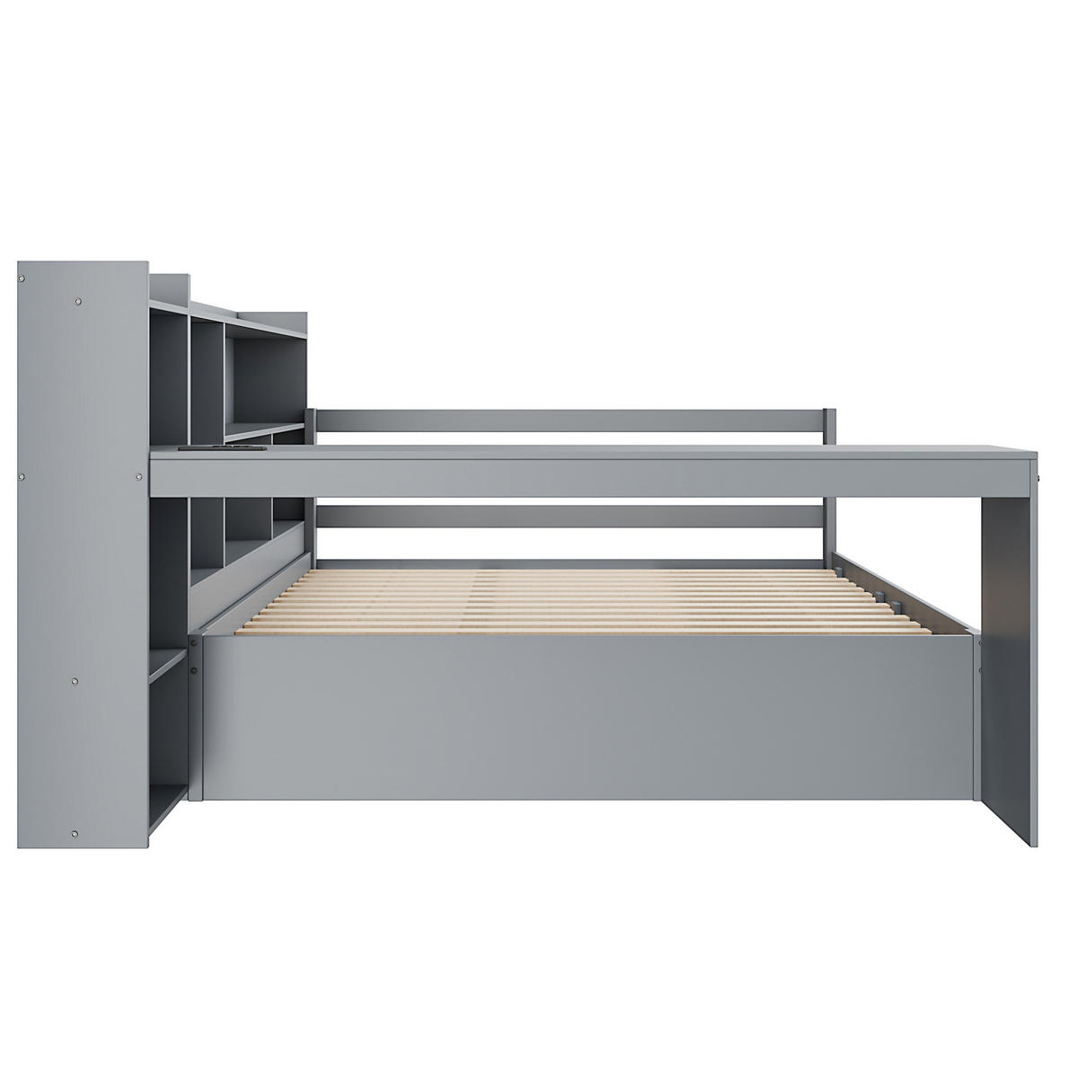 SCHLAFSOFA 140/200 cm mit Schreibtisch, Regalen, 2 Schubladen und Steckdose, Grau - Grau, Holz (165/100/245.5cm) - Redom