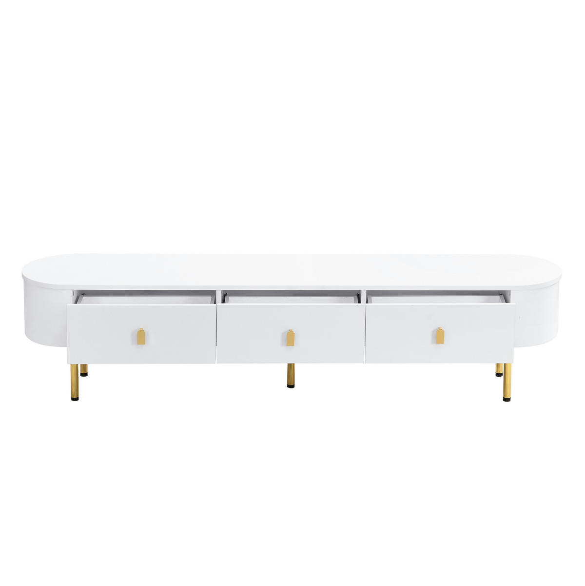 TV-LOWBOARD aus MDF 174x35x41 cm Weiß mit 3 Schubladen, goldfarbenen Griffen und geschwungenen Kanten - Weiß, Holzwerkstoff (174/41/35cm) - Modfu