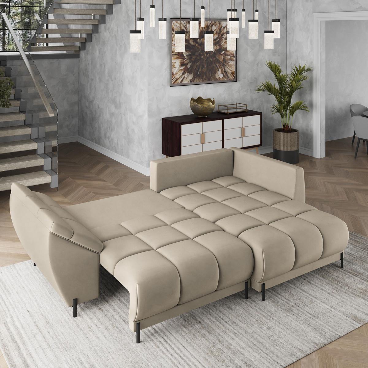 ECKSOFA VESTANO R-S Beige Velours-Stoff mit Schlaffunktion - Beige, Holz (287/182cm) - MASSENO