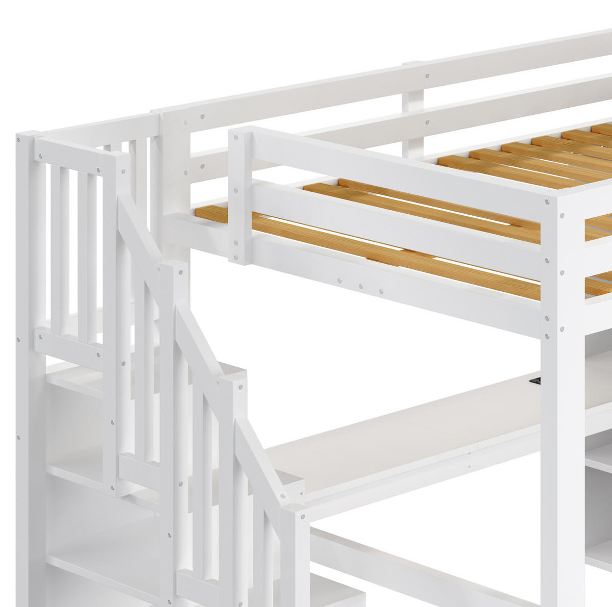 HOCHBETT aus Kiefernholz 140x200 cm Weiß mit Schreibtisch, Kleiderschrank, Stauraumtreppe, LED und USB - Weiß, Holzwerkstoff (140/200cm) - IVMEU