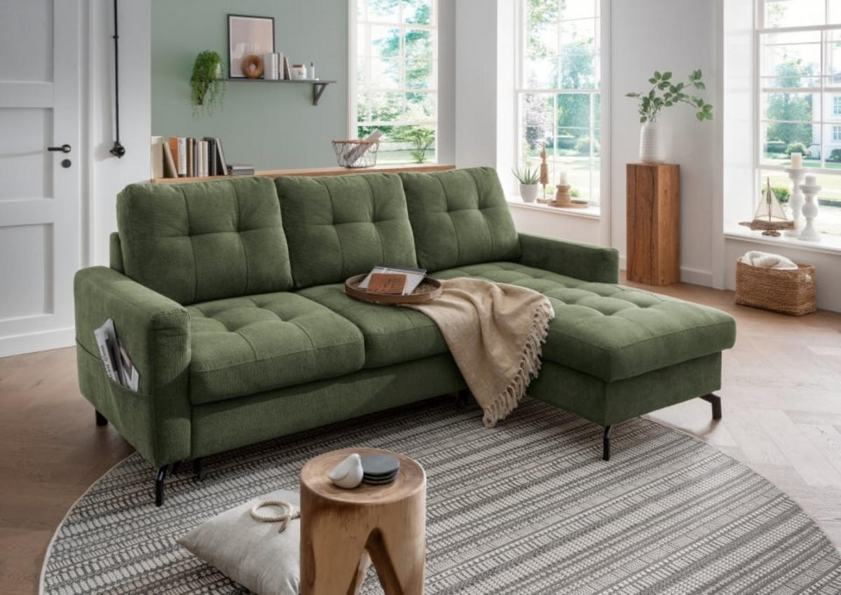 ECKSOFA mit Schlaffunktion und Bettkasten, Luxus-Mikrofaser - Dunkelgrün/Schwarz, Textil/Metall (150/230cm) - myHomelando