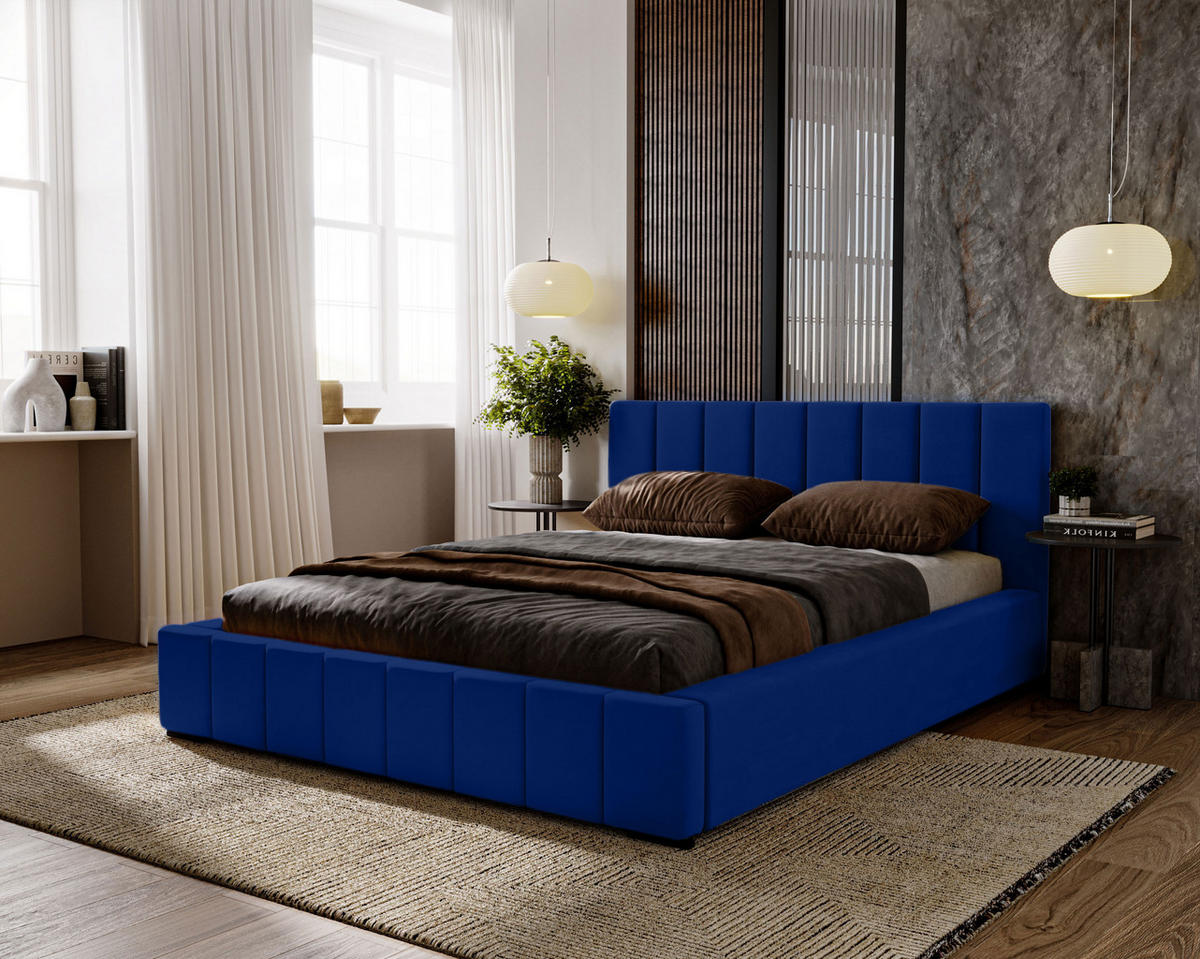 POLSTERBETT Nero 120x200 cm, Doppelbett mit Bettkasten und Lattenrost aus Holz, Velourstoff: Dunkelblau - Dunkelblau, Holz/Kunststoff (120/200cm) - Marpur