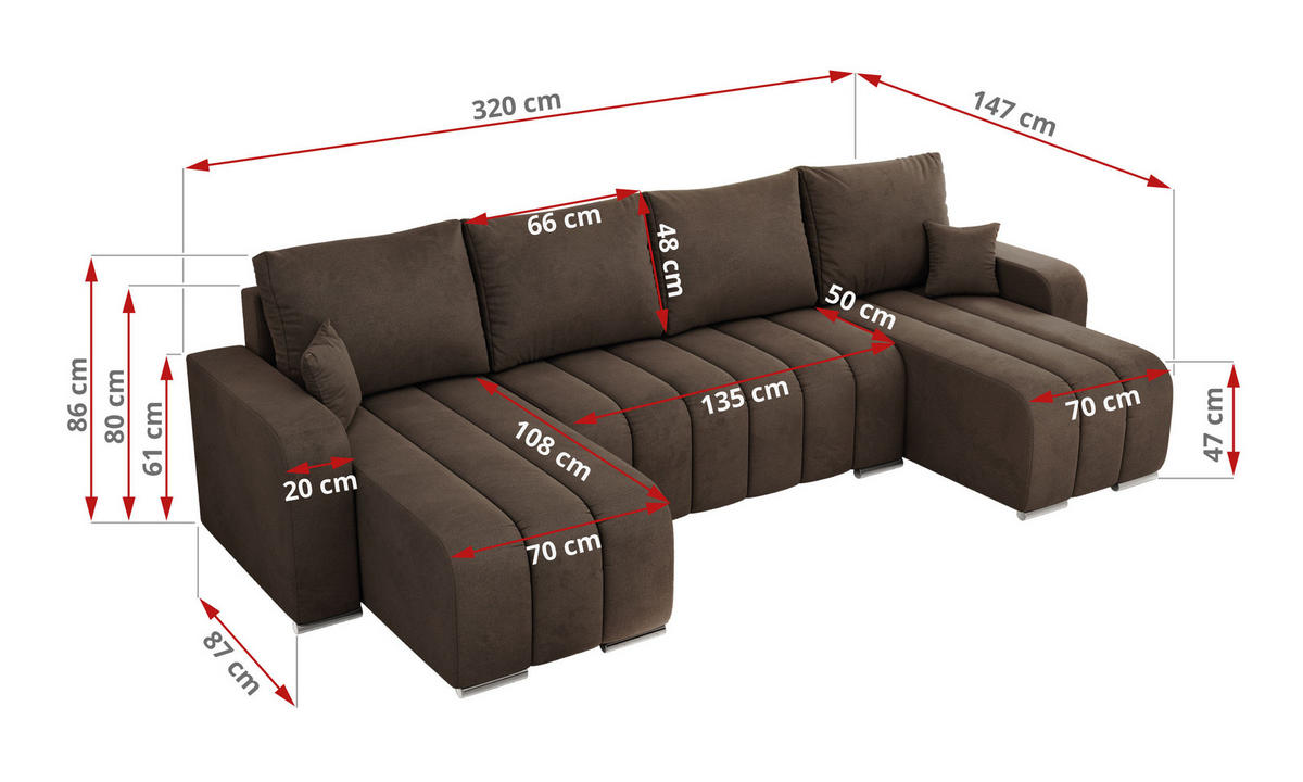 WOHNLANDSCHAFT KIRASSO U Braun Velvet - Braun/Grau, Textil/Metall (320/86/147cm) - MKS