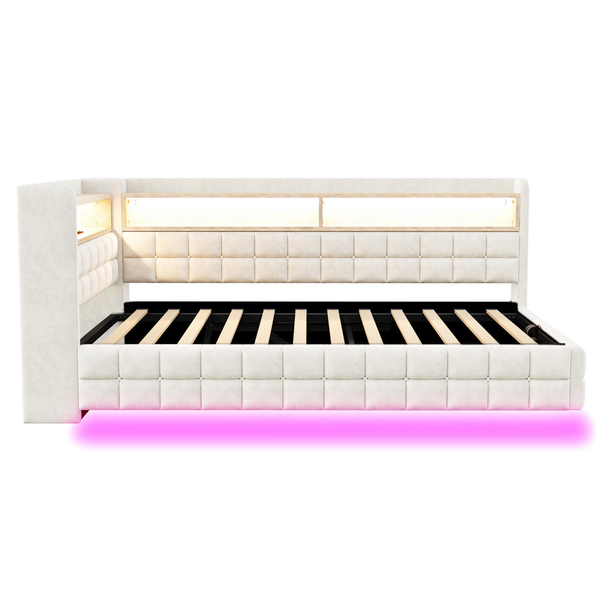 POLSTERBETT 90/200 cm Beige mit Stauraum mit LED-Beleuchtung und USB- und Type-C-Anschlüssen - Beige, Textil (90/200cm) - OKWISH