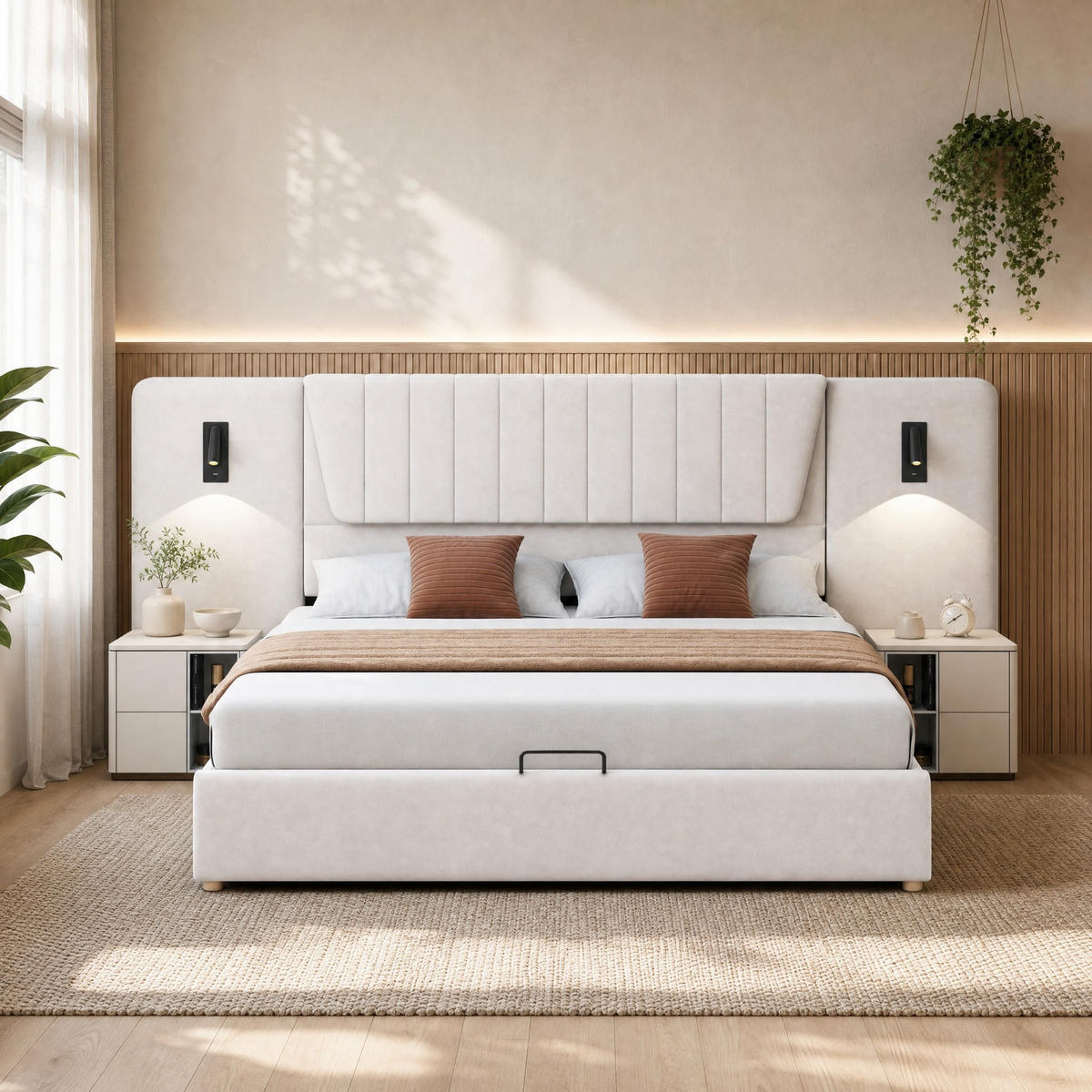 POLSTERBETT 180/200 mit Bettkasten, Leselampen, USB und Samtbezug in Beige - Beige, Holzwerkstoff/Textil (180/200cm) - EVRYAE