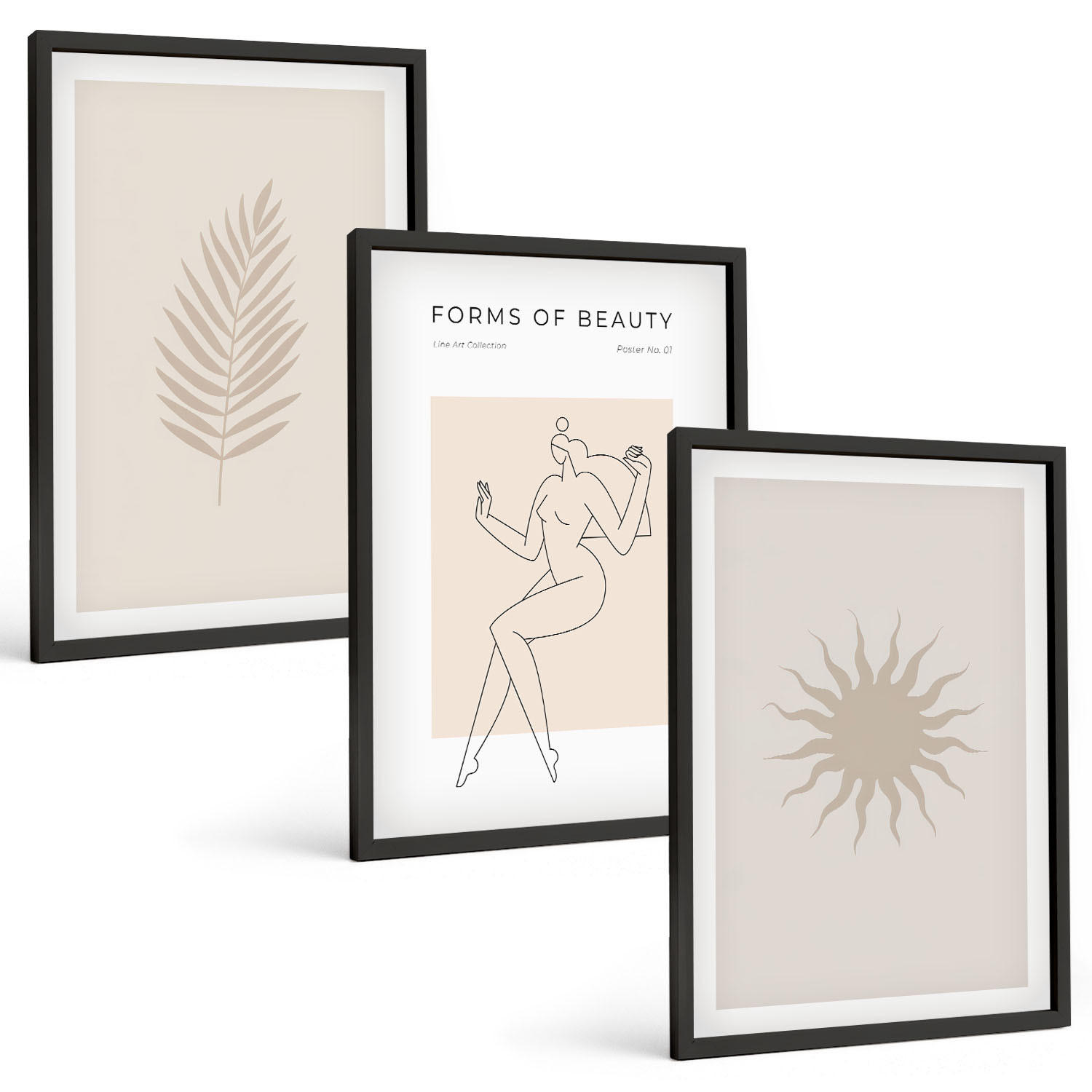 BILDER SET 3er Set - 40x60 cm Schwarzer Rahmen - Eine Sammlung minimalistischer Formen - Schwarz, Kunststoff (40/60cm) - TULUP