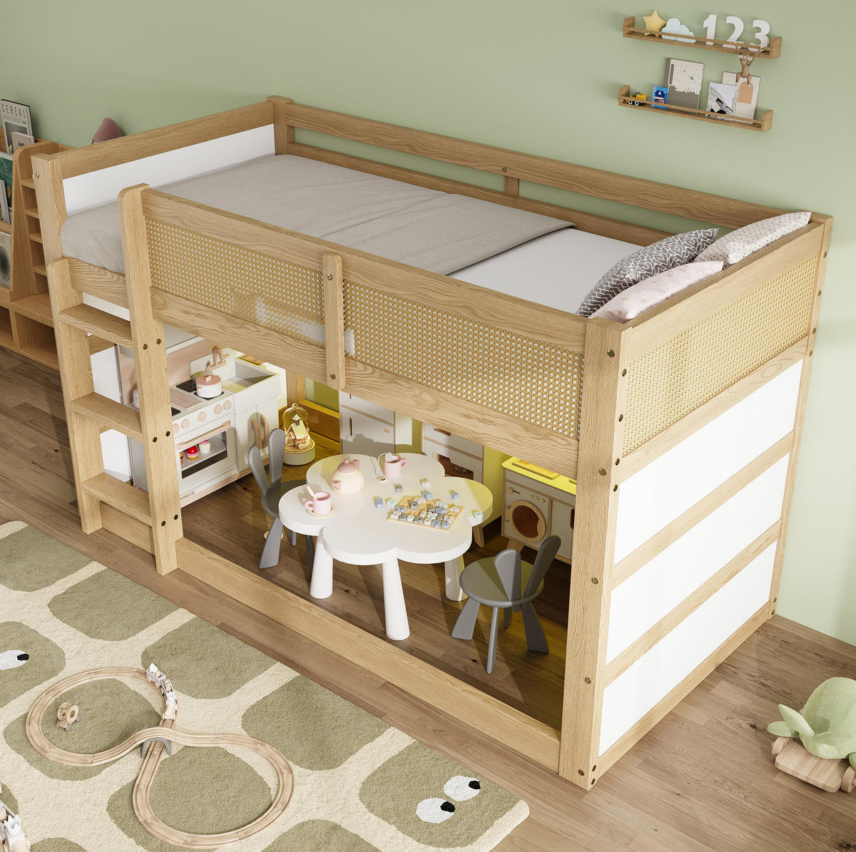 HOCHBETT 90/200 cm aus Kiefer und MDF mit LED-Lichtleiste und Ablagen Natur/Weiß - Naturfarben, Holz (90/200cm) - Modenvie