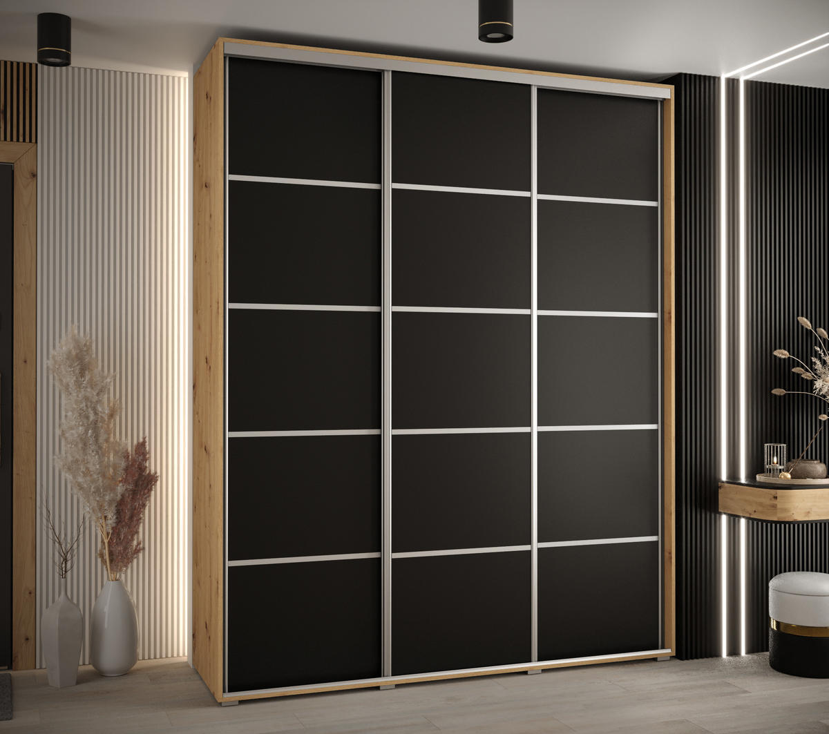 SCHWEBETÜRENSCHRANK 235,2/190/60 3-türig - Silberfarben/Schwarz, Holz/Metall (190/235/60cm) - Abiks Möbel