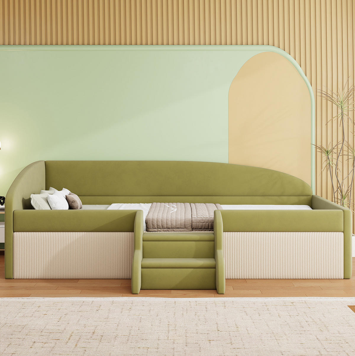 KINDERBETT 90/190 cm aus Samt mit Schutzbügel und Stufen Dunkelgrün/Cremeweiß - Grün, Textil (90/200cm) - Modenvie