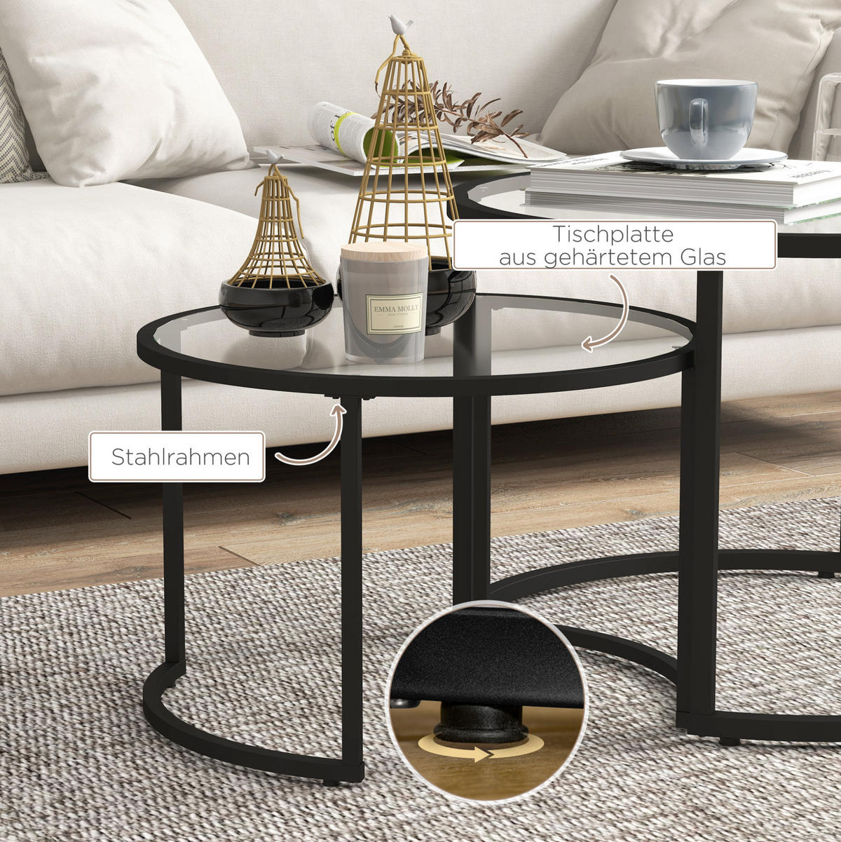 COUCHTISCH Ø70/54 cm schwarz aus Stahl und Hartglas stapelbar - Schwarz, Metall (70/70/47.5cm) - OKMYHOME