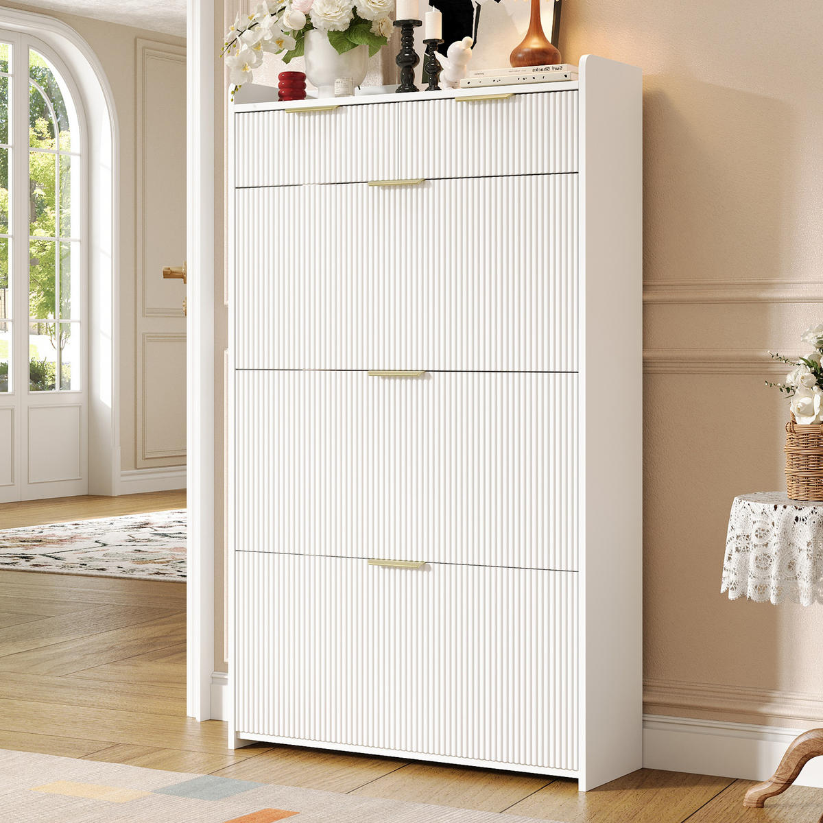 SCHUHSCHRANK 80x25x135cm Weiß mit 3 Klappen und 2 Schubl. - Weiß, Holzwerkstoff (80/135/25cm) - FLIEKS