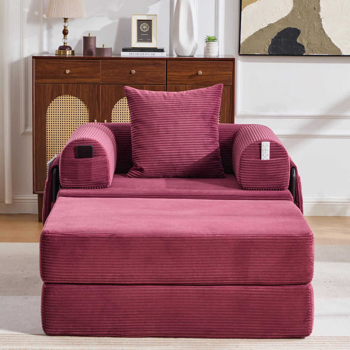 MODULARES Cordsofa 112/190/67 cm aus Cord mit Hocker und montagefreiem Komfort Weinrot - Weinrot, Textil (190/67/112cm) - Modenvie