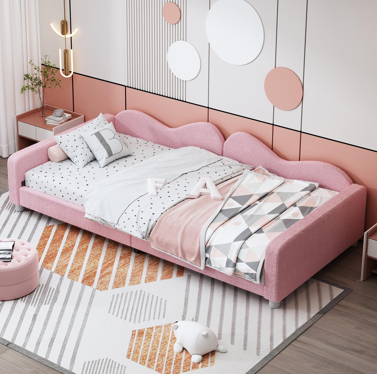KINDERBETT 90/200 cm in Rosa mit Teddystoff und Rückenlehne - Rosa, Textil (90/200cm) - BEAOK