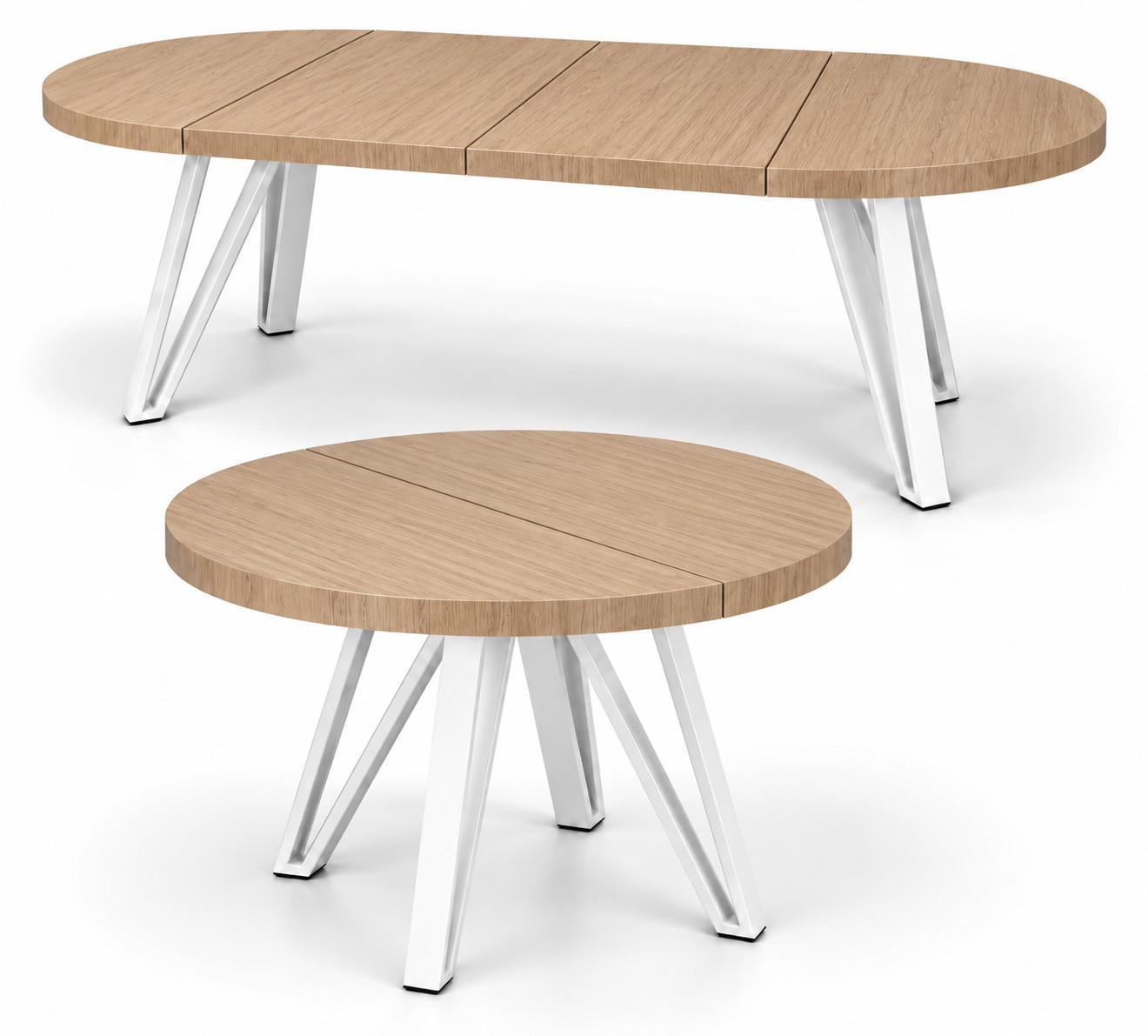 ESSTISCH rund ausziehbar 100/200/76 cm, Hellbraun Eiche Hikora Egger Natur, 54 cm Tischplatte + Industrial Metallgestell Weiß - Hellbraun/Eichefarben, Holzwerkstoff/Metall (100/200/76cm) - Damale Möbel