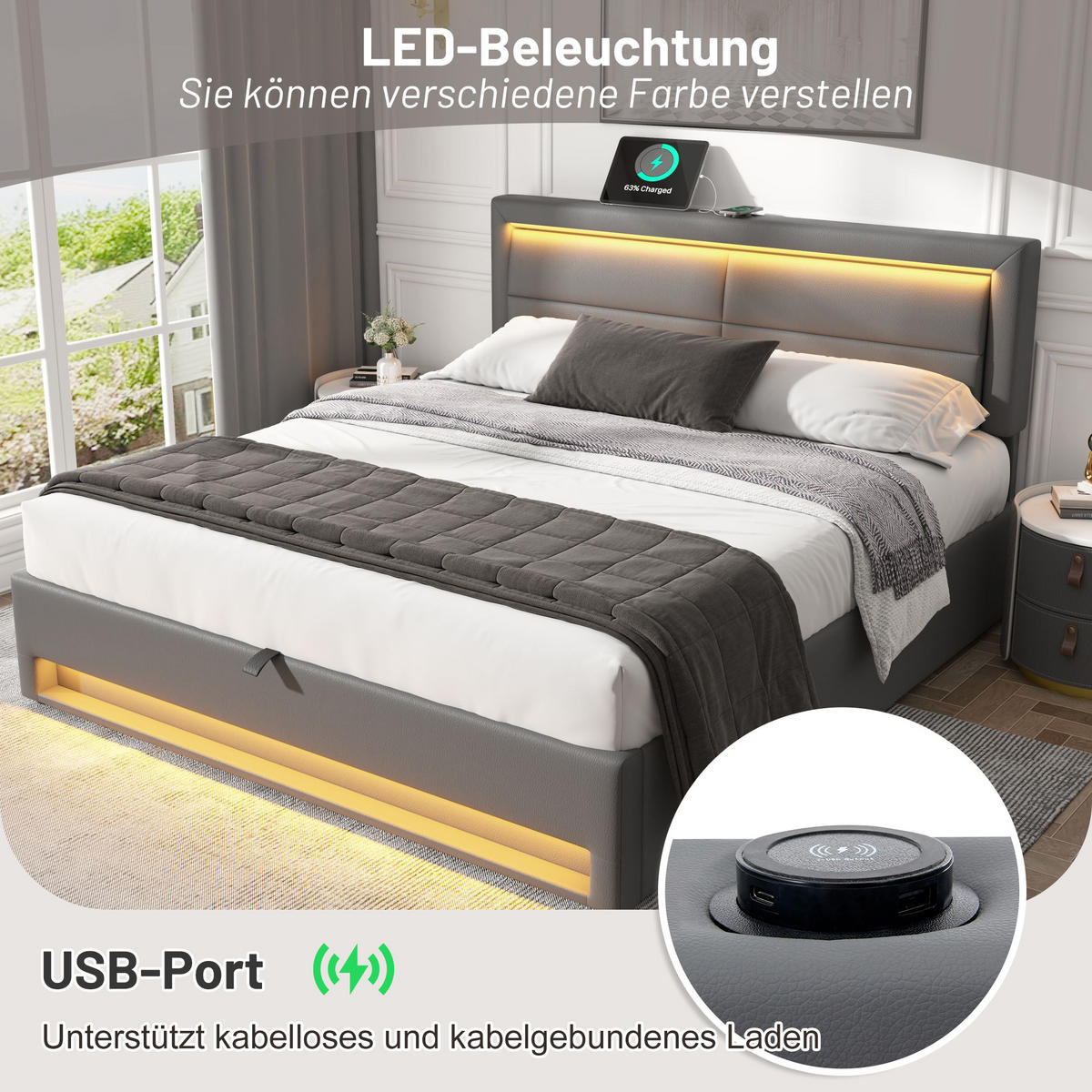 POLSTERBETT 140x190cm Grau PU Mit USB LED & Stauraum - Grau, Leder (140/190cm) - FLIEKS