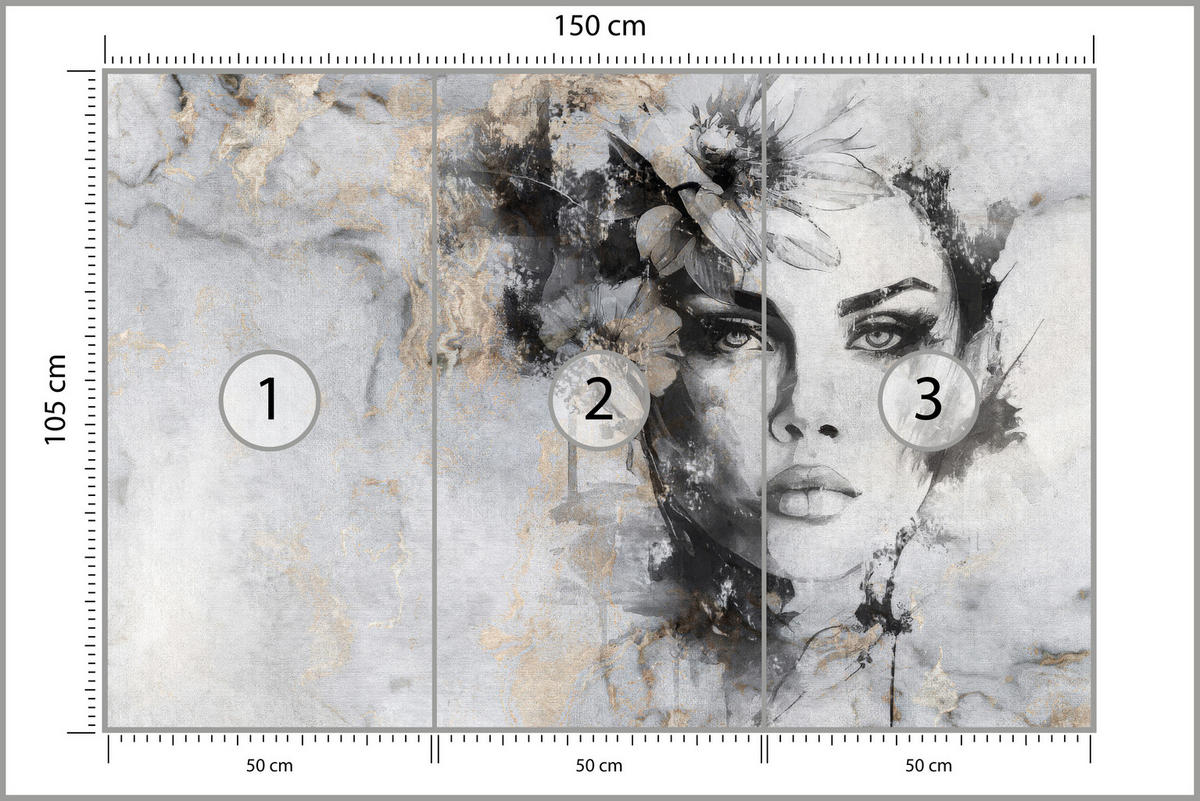 FOTOTAPETE für Wohnzimmer Frau Porträt Beton Blumen Modern 150x105 - Goldfarben/Schwarz, Papier (150/105cm) - Muralo