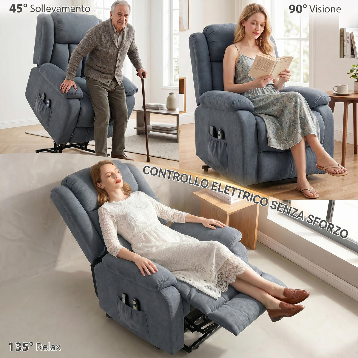 RELAXSESSEL,ELEKTRISCH 135° Leinenoptik Fußstütze,grau - Grau, Textil (91/103/93cm) - Vallsero