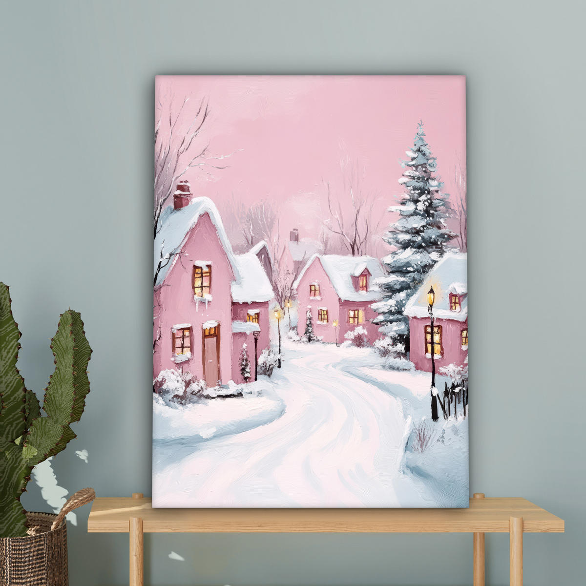 LEINWANDBILD Weihnachtsdorf - Rosa - Winter - Schnee - Häuser 60x80 cm - Altrosa, Textil (60/80cm) - MuchoWow