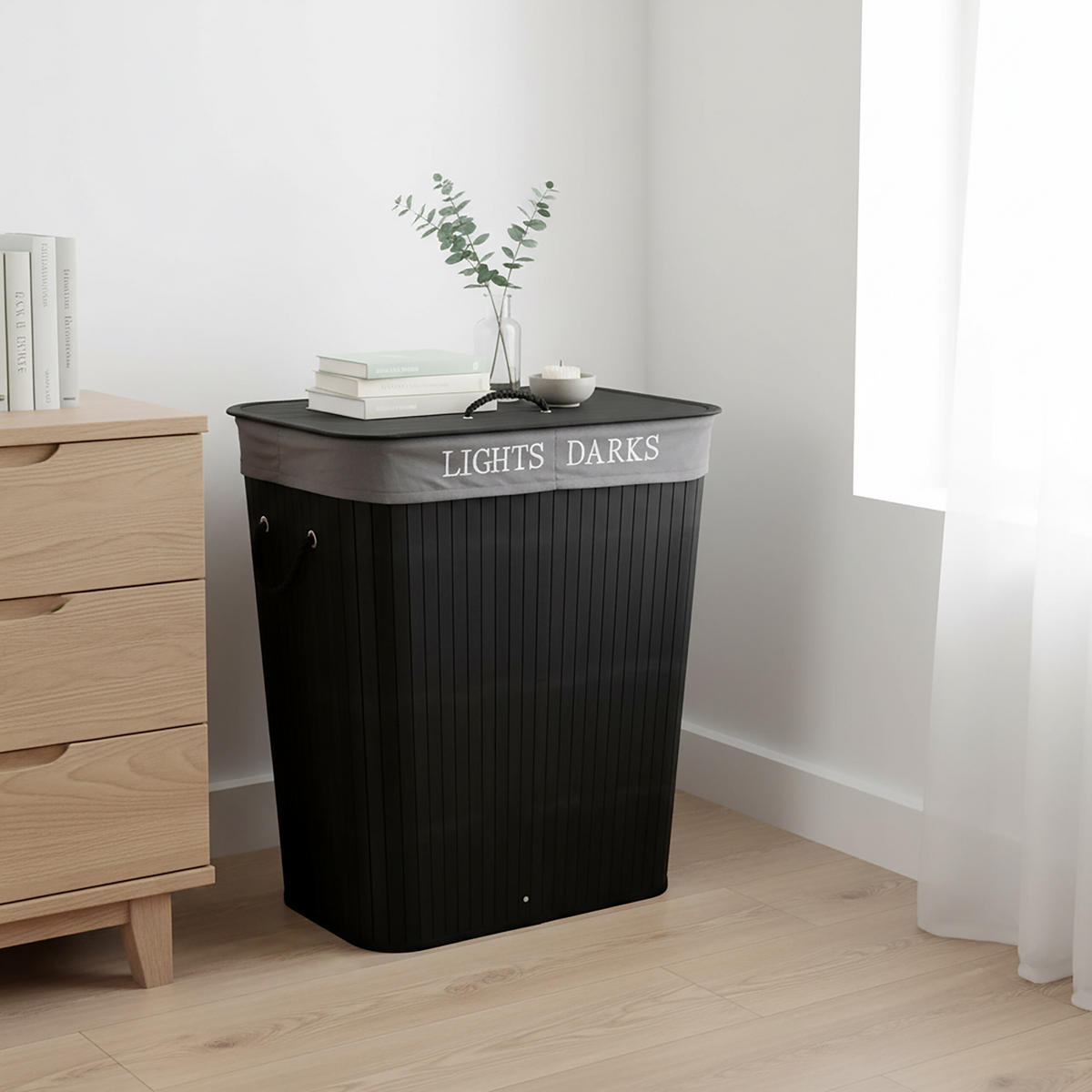 WÄSCHEKORB Bambus - Schwarz, Holz/Textil (52/63/32cm) - Relaxdays