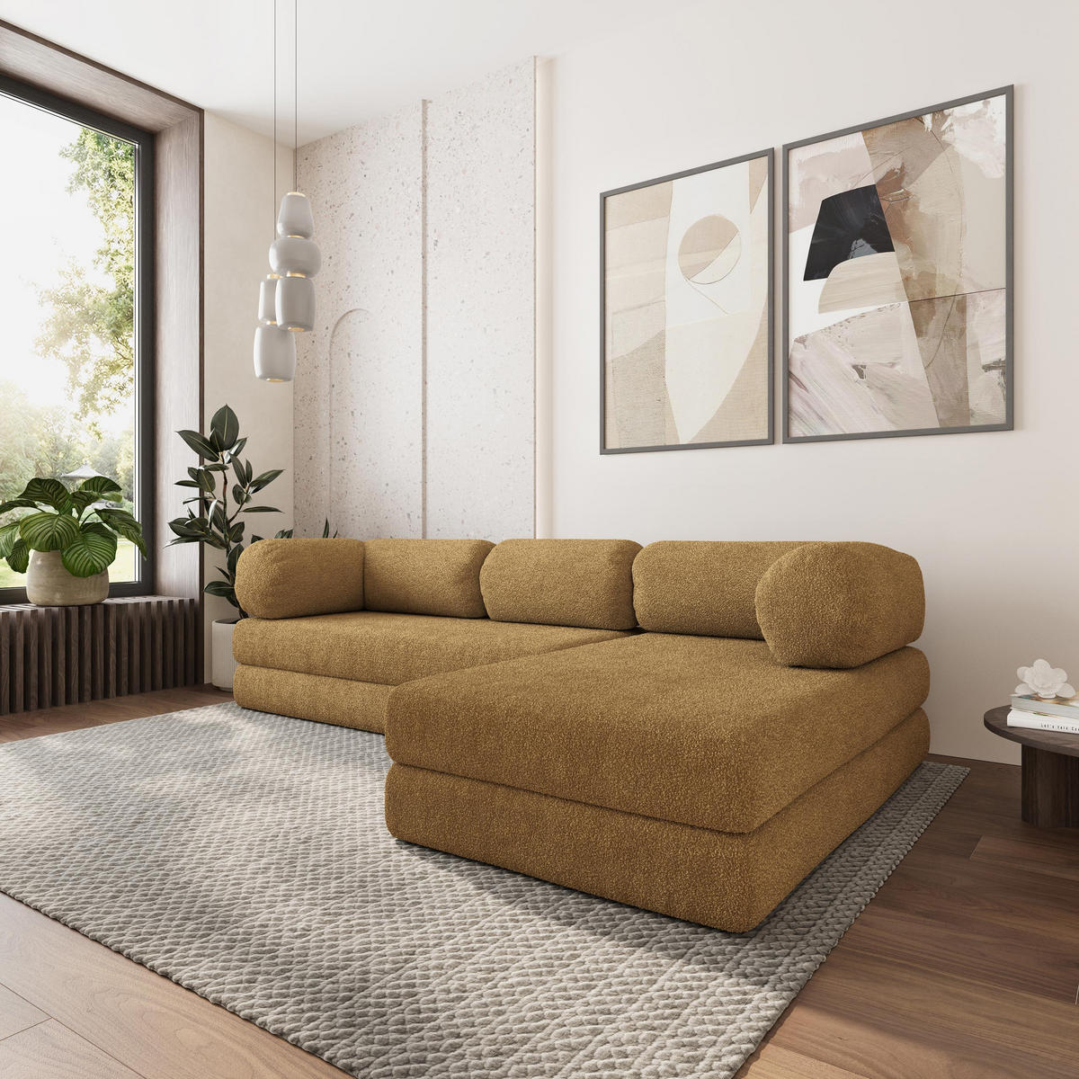 ROHOVÁ SEDAČKA KELI modulární Boneless pohovka s funkcí spaní, med QUELLE 17 - žlutá, textil (270/160cm) - MASSENO