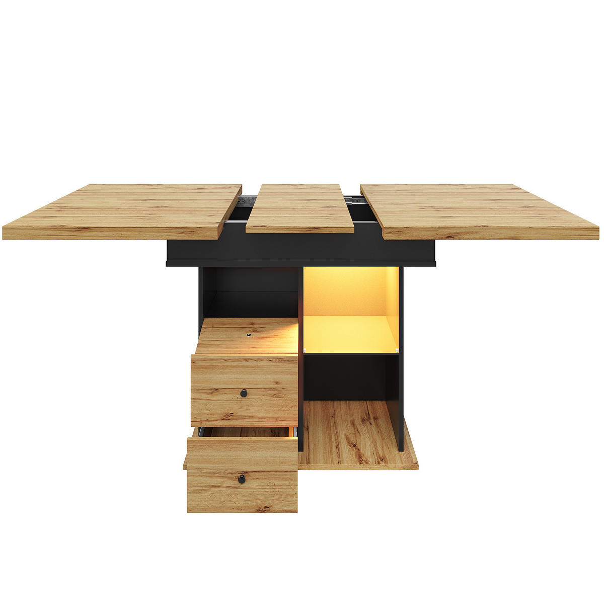 ESSTISCH 110-140/80/75 cm in Schwarz/Natur mit LED-Beleuchtung und Stauraum - Schwarz, Holzwerkstoff (110/80/75cm) - Flora Grace