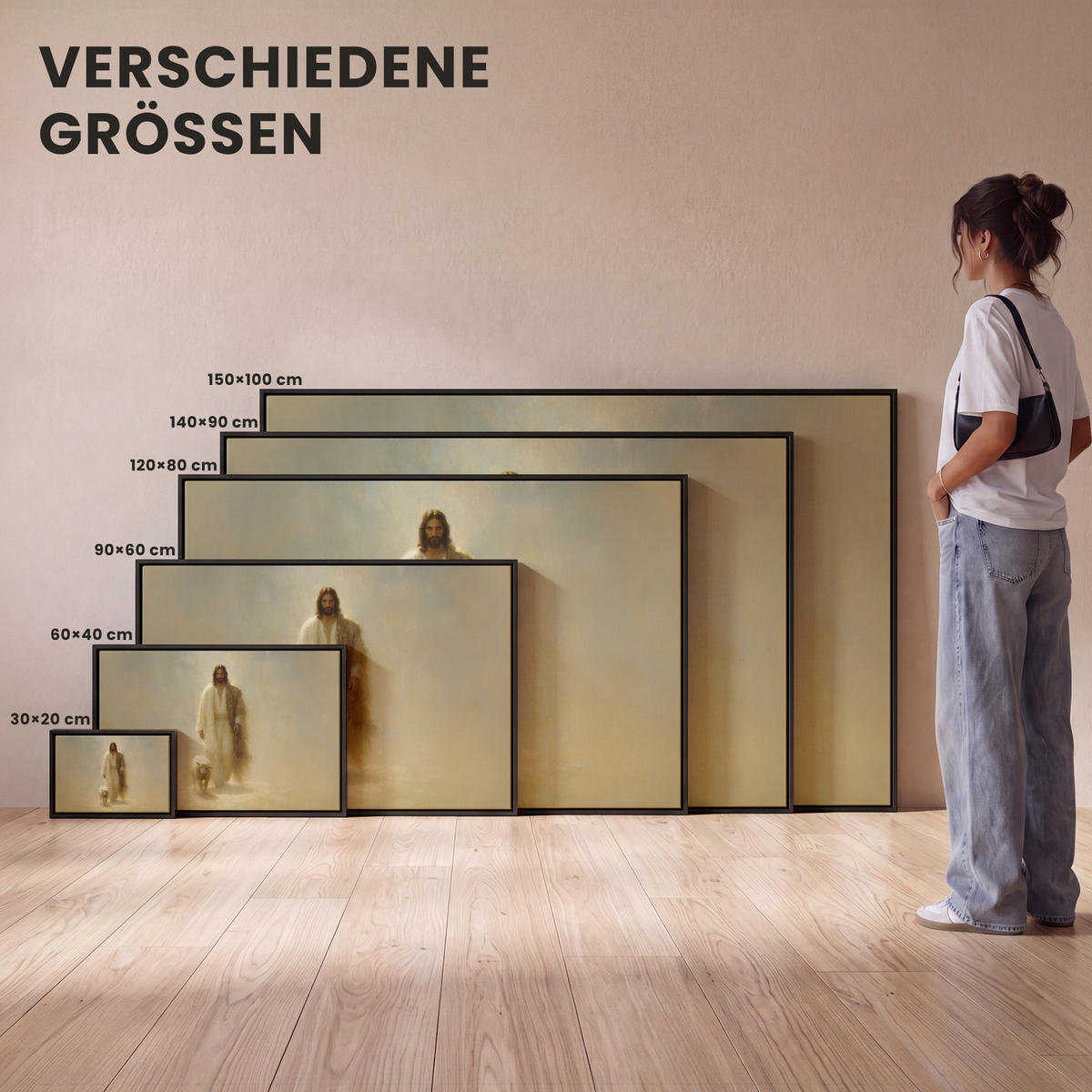 LEINWAND Bilder mit Rahmen - Schaf - Jesus - Pinselstriche - Abstrakt - 150x100 - Beige, Textil (150/100cm) - MuchoWow