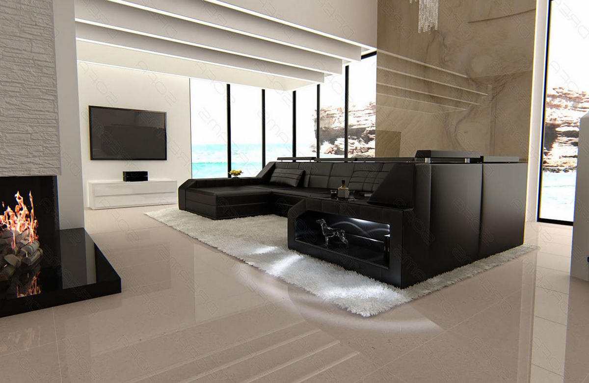 WOHNLANDSCHAFT Arezzo U - Schwarz, Leder (380/86/197cm) - Sofa Dreams
