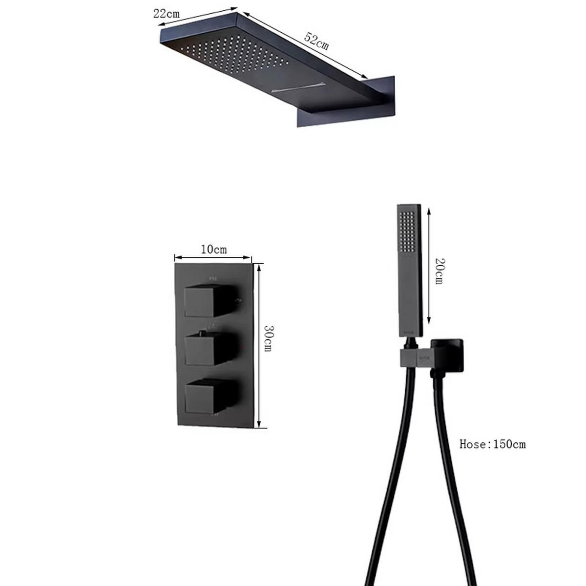 ÜBERKOPFBRAUSESET Thermostat Edelstahl 304, Schwarz, Mit Wasserfall - Schwarz, Metall (22/30/52cm) - Kaket