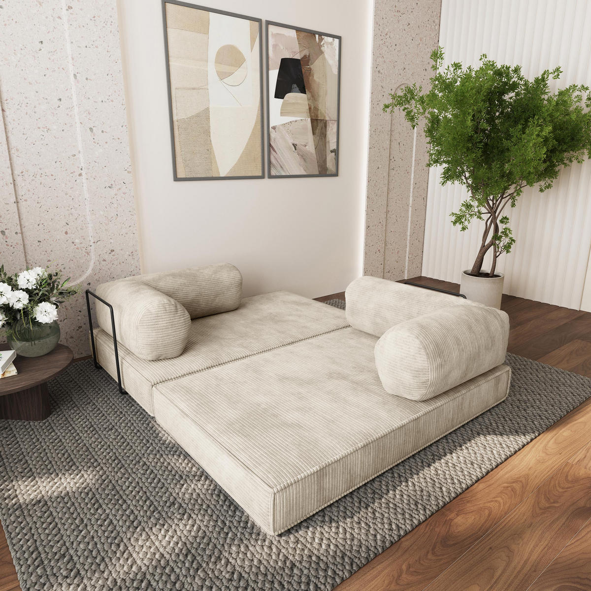 ECKSOFA ETERA modulares Boneless Sofa mit Schlaffunktion Creme Cordstoff - Creme, Textil (270/160cm) - MASSENO