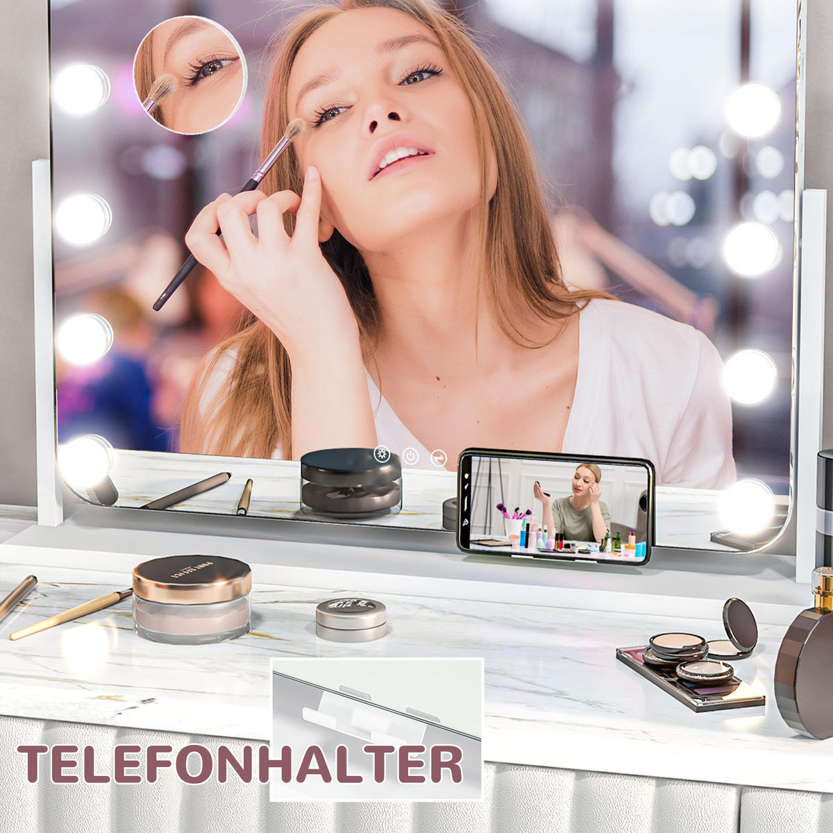 HOLLYWOOD Spiegel mit Beleuchtung 62,5 x 52 cm Schminkspiegel mit 15 LED Licht - Weiß, Metall (14/52/62.5cm) - HOMCOM