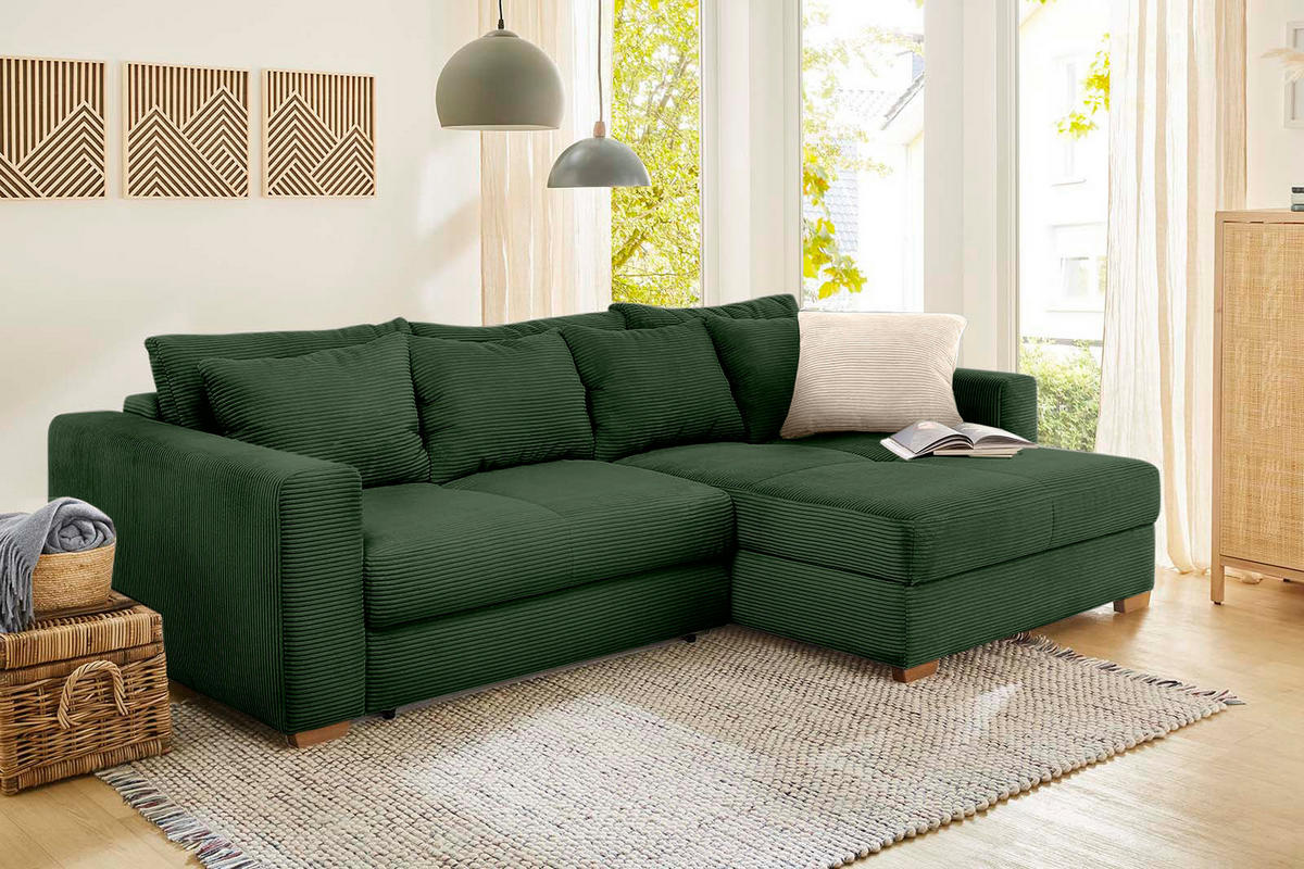ECKSOFA-DAUERSCHLÄFER Federkern Bettkasten, seitenverkehrt montierbar B288/T186/H86 cm, Liegefl. 153x245 cm, Cord Grün / 15156 - Eichefarben/Grün, Holz/Textil (288/186cm) - luma-home