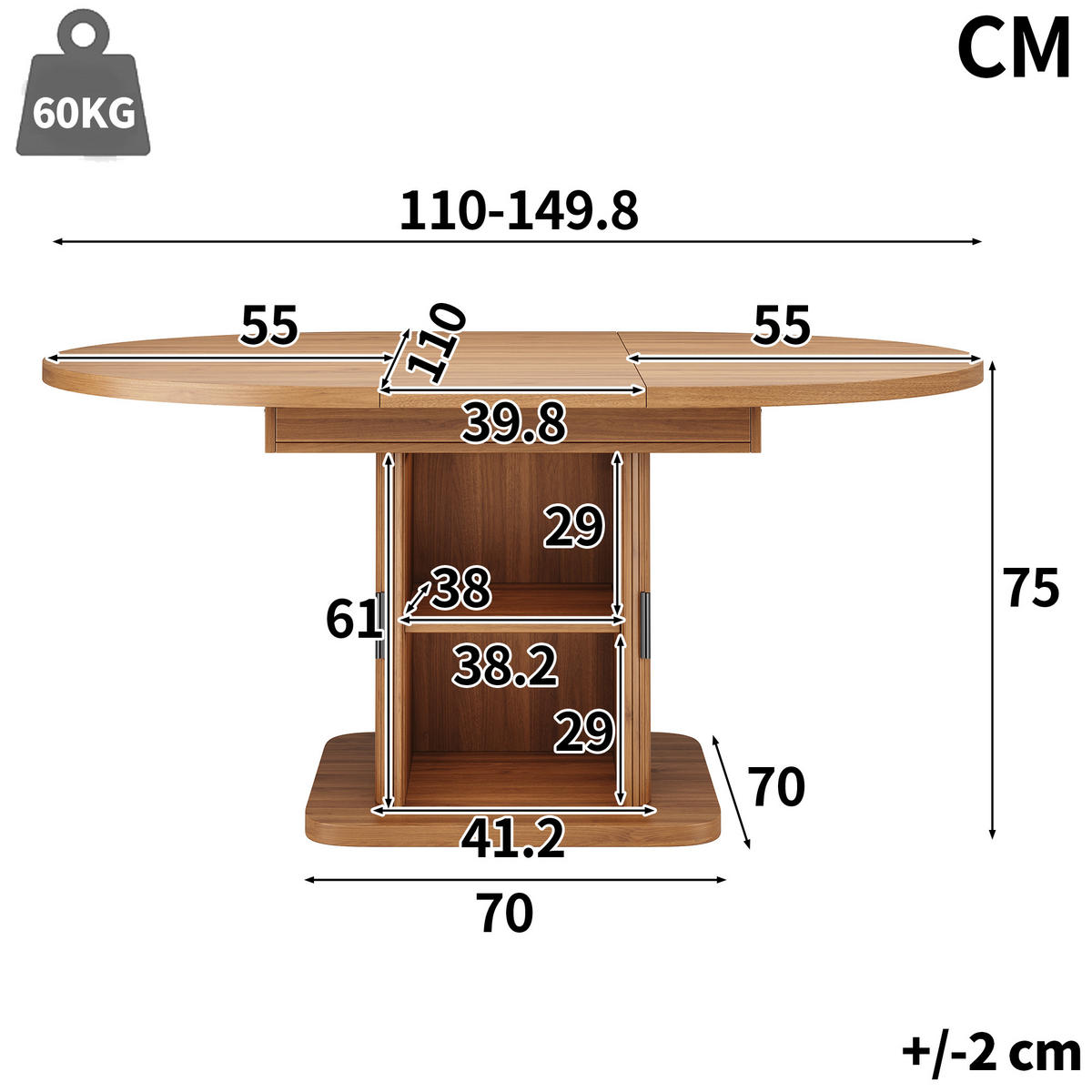 ESSTISCH ausziehbar 110-149,8/110/75 cm mit Stauraum DE-39639 Nussbaum - Walnussfarben, Holzwerkstoff (110/110/75cm) - ComfortXL