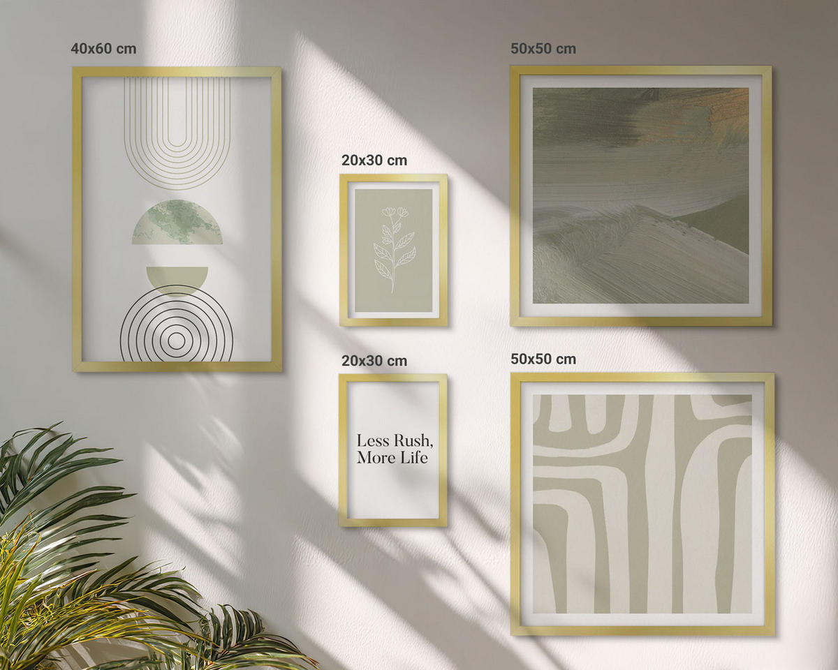 BILDER SET 5er Set - 50x50 cm & 20x30 cm & 40x60 cm Goldrahmen - Geometrische Pflanzenmuster - Goldfarben, Kunststoff (40/60cm) - TULUP