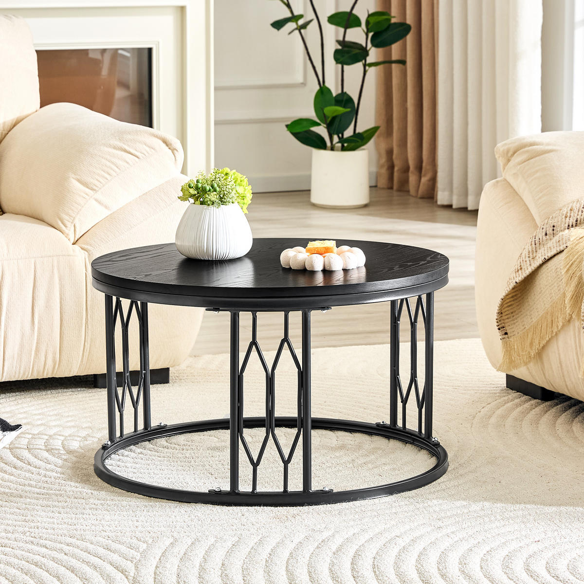 COUCHTISCH DE-37365 rund mit Holzoptik Schwarz - Schwarz, Metall (70/70/40.5cm) - ComfortXL