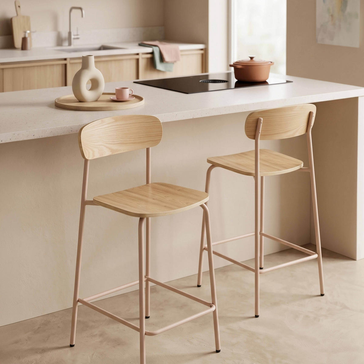 BARSTUHL 2-tlg., Rosa - Pink, Holz/Metall (50/96/42cm) - Oviala