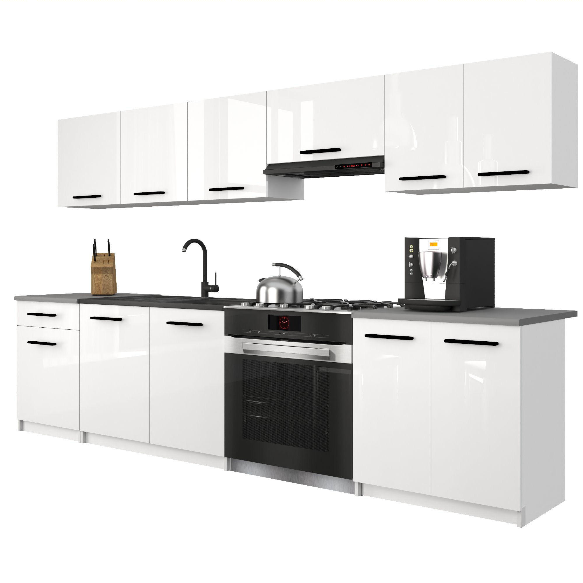 KÜCHENZEILE Italia 2 240 cm, mit Arbeitsplatten, Weiß Hochglanz - Weiß Hochglanz, Holz (240/143/60cm) - B BELINI GROUP