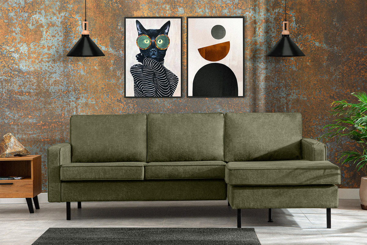 ECKSOFA-RECHTS INVIA mit Armlehnen vintage, Lederoptik-Stoff, grün - Schwarz/Grün, Textil (234/160cm) - KONSIMO®