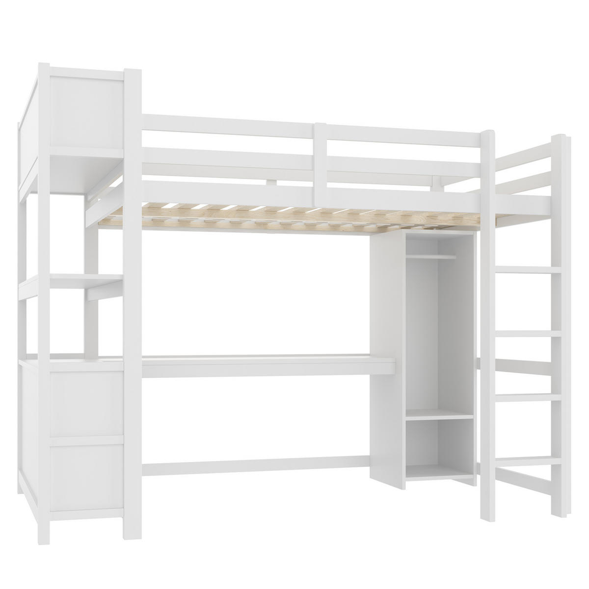 VISOKA postelja 140/200 cm bela z mizo, policami in omaro iz bora in MDF - bela, les (140/200cm) - OKWISH