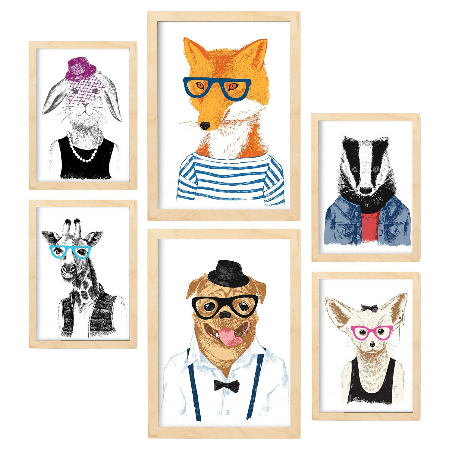 POSTER Set Mit 6 Hipster Tiere Im Farbenfrohen Handgezeichneten Weißer Hintergrunddruck Mit Tieren In Menschlicher A3 & A4 Rahmen Aus Hellem Holz - Beige, Papier (29/3cm) - Nacnic