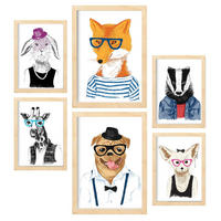 POSTER Set Mit 6 Hipster Tiere Im Farbenfrohen Handgezeichneten Weißer Hintergrunddruck Mit Tieren In Menschlicher A3 & A4 Rahmen Aus Hellem Holz - Beige, Papier (29/3cm) - Nacnic