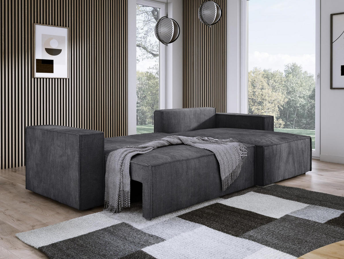 ECKSOFA POSO XL UNIVERSAL, Schlaffunktion und Lattenrost - L-Form, Cord, Federung auf Wellfedern, 274x143x83 cm, Rechts Graphite - Graphitfarben, Holz/Textil (277/143cm) - DomoHome